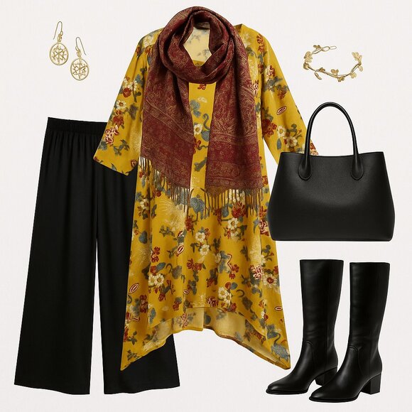 🌼 Coco & Juan Mustard Yellow Floral Lagenlook Tunic Top | Size 1X - Picture 1 of 9